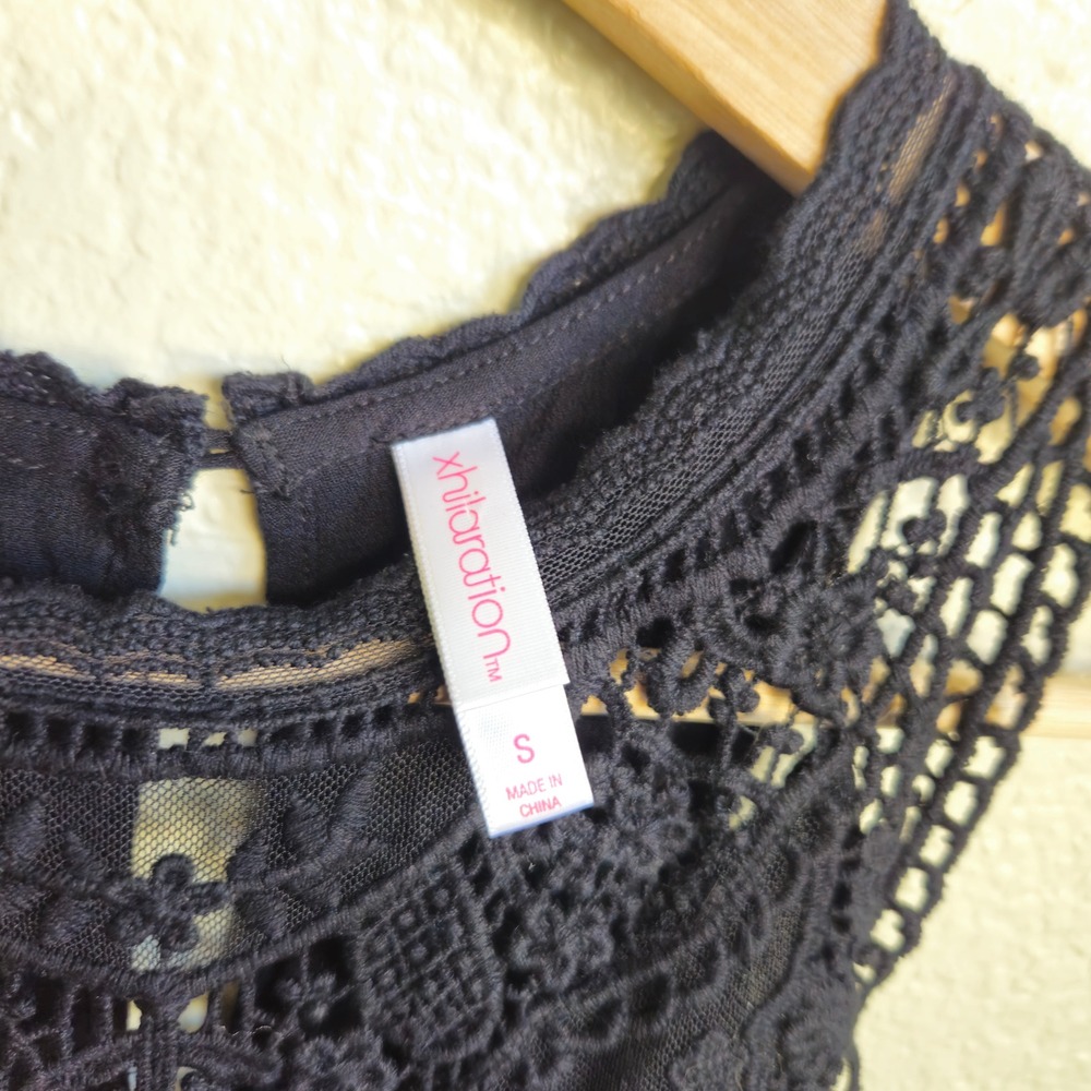 Black Sleeveless Shift Dress Crochet Lace Bib Small Boho Dark Fairy Whimsigoth - Picture 5 of 8
